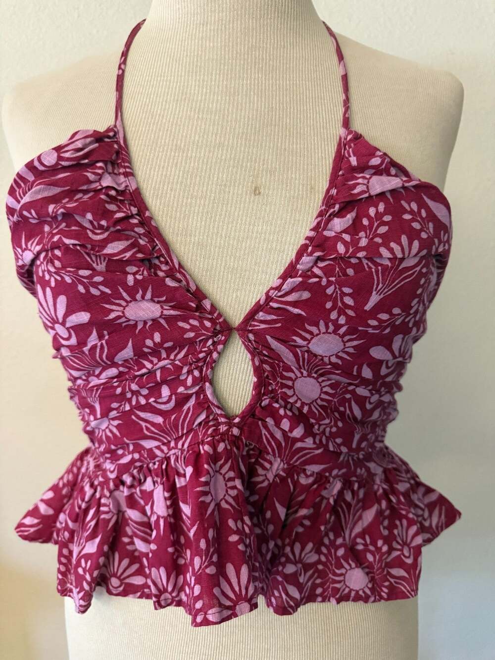 Free People Raspberry Ruched Halter Crop Top Boho 100% Cotton Sun Flower Small